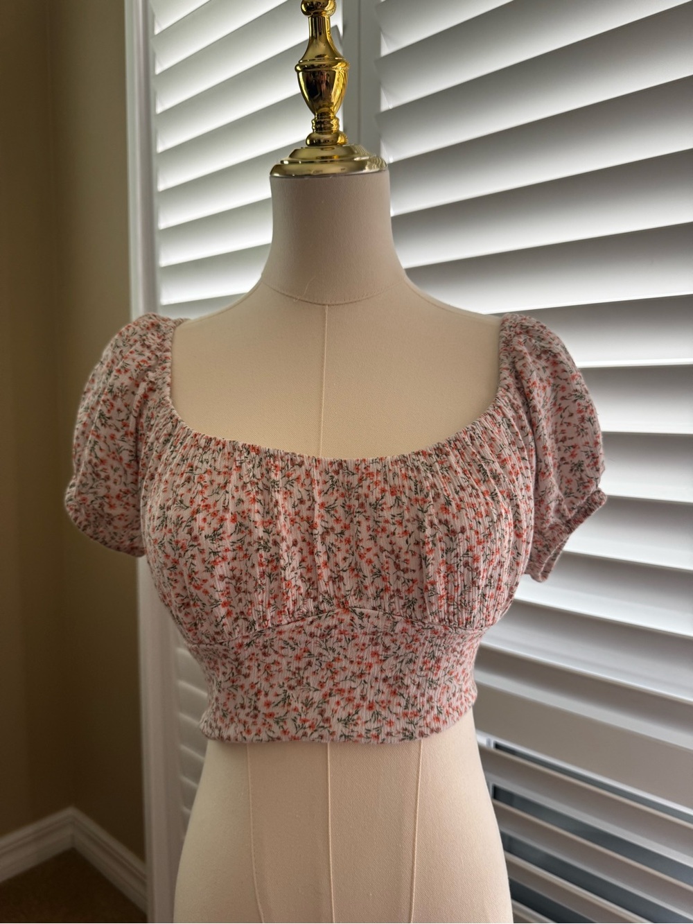 Smocked Floral Puff Sleeve Crop Top - Orange